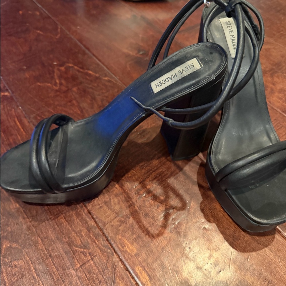 Steve Madden Black Strappy Platform Block Heel Sandals with Ankle Wrap